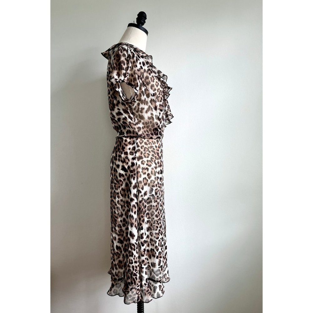 Vintage Y2K Leopard Print Chiffon Dress | Ruffle Collar Tie Waist Midi | M/L - Picture 7 of 8